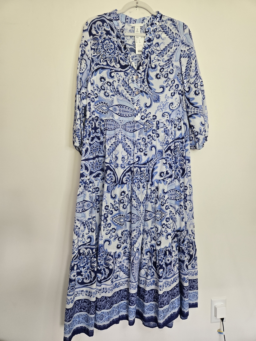 H&M Light Blue and Navy Paisley Tiered Maxi Dress NWT Flowy Feminine small